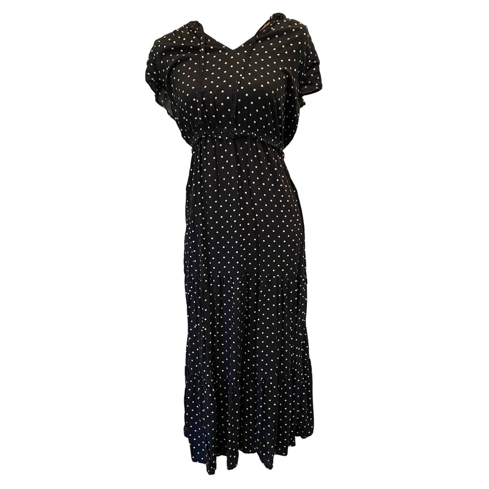 Old Navy Polka Dot Maxi Dress Womens Medium Black White Tiered V-Neck